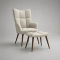 Fauteuil à oreilles avec repose-pieds en tissu bouclé et bois massif, écru et marron foncé, 73 × 78 × 101 cm, pouf 61 × 43 × 43 cm