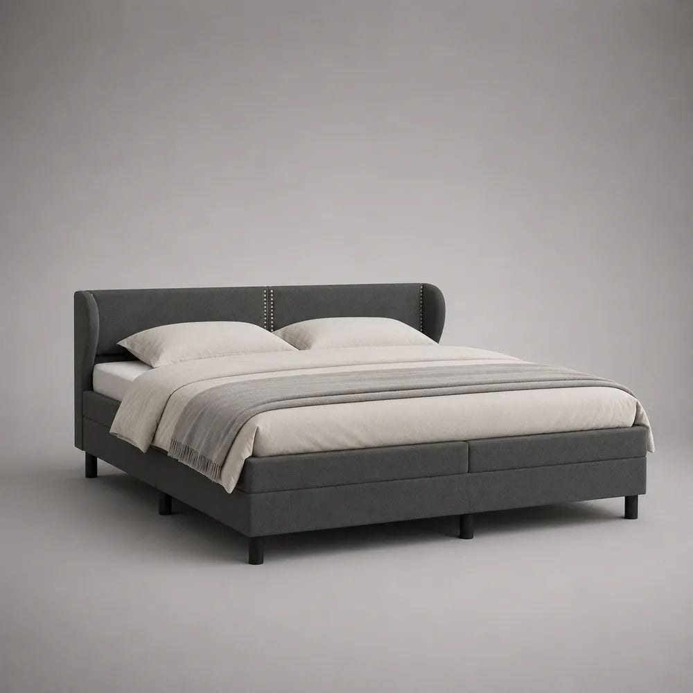Lit double rembourré en velours polyester gris anthracite avec tête de lit à oreilles, couchage 180 × 200 cm