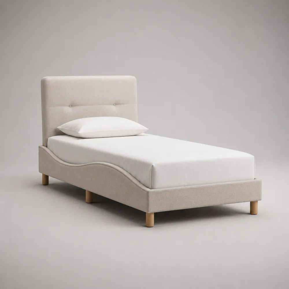 Lit simple rembourré en tissu beige avec tête de lit capitonnée et sommier à lattes, couchage 90 x 190 cm, dimensions 203 x 98 x 103 cm