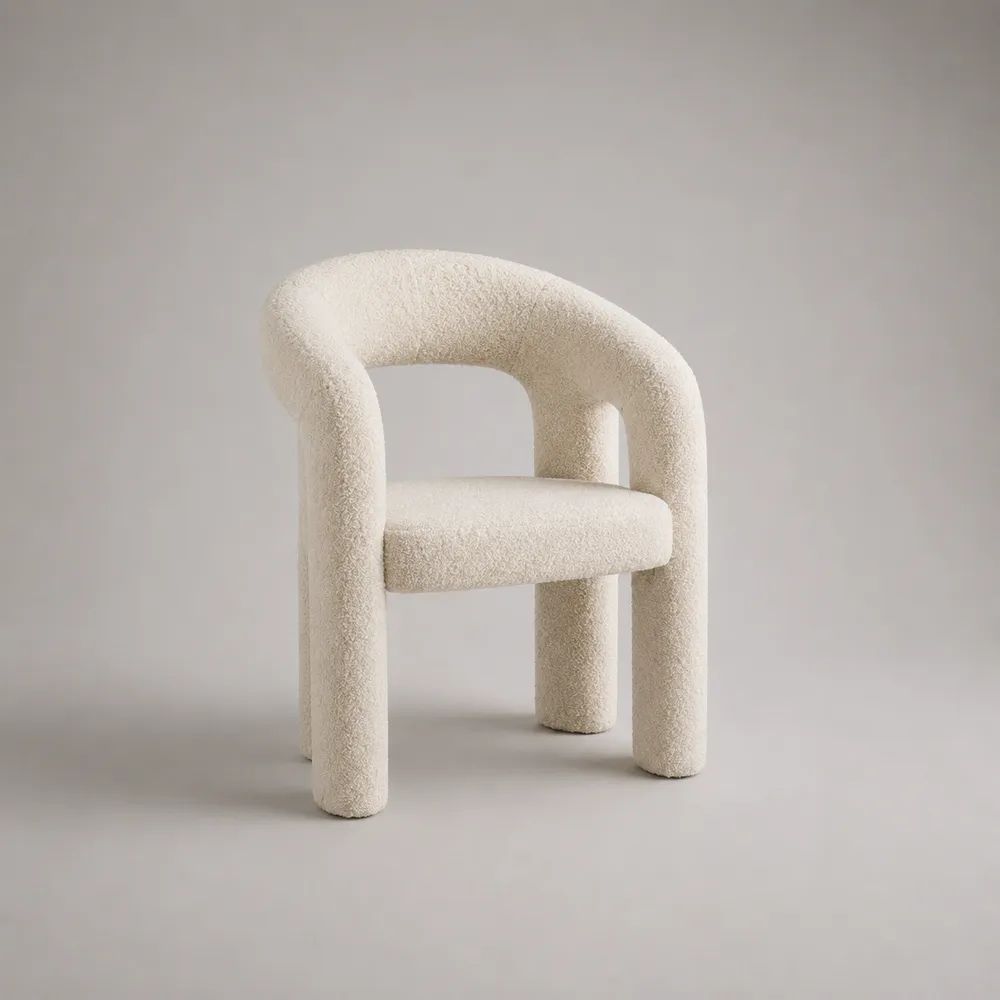 Fauteuil de salon 1 place en tissu bouclé crème, forme arrondie, 70 × 68 × 76 cm