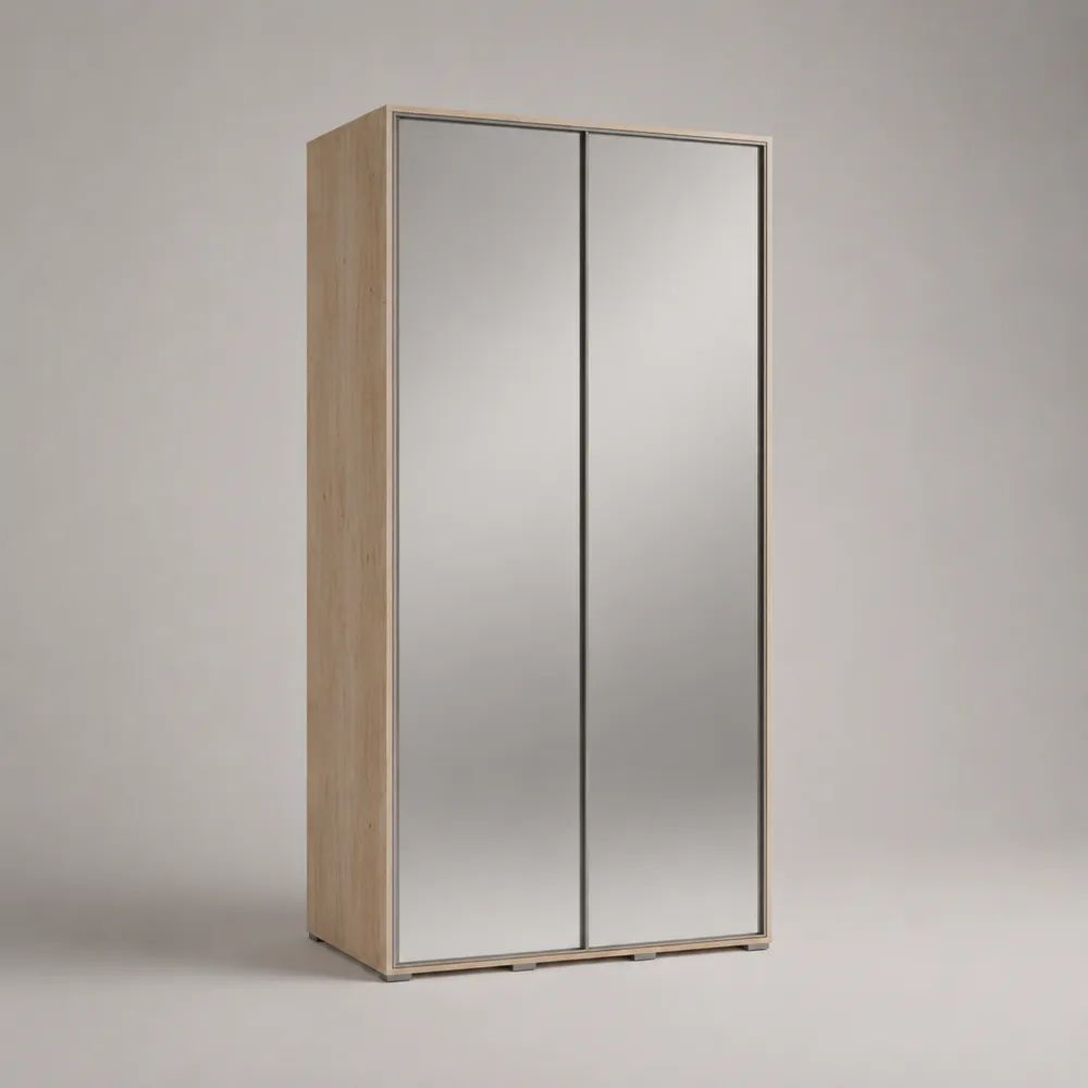 Armoire penderie rectangulaire en bois et métal à 2 portes coulissantes avec miroirs, chêne clair et argenté, 100 × 60 × 200 cm