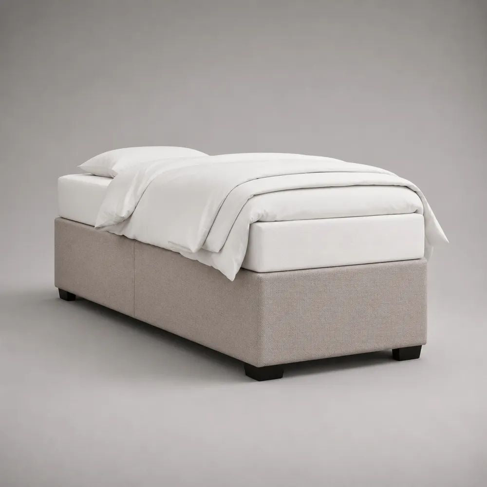 Ensemble lit double en tissu avec sommier tapissier et matelas, beige et blanc, couchage 140 x 190 cm
