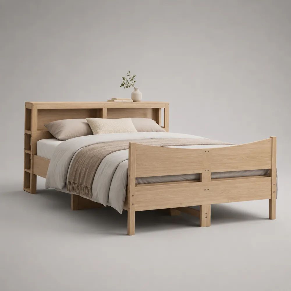 Lit double en bois 160 × 200 cm avec tête de lit à étagères, bois naturel, dimensions 220 × 178 × 120 cm