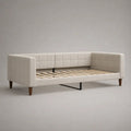 Lit banquette en tissu beige clair avec sommier à lattes, couchage 90 × 200 cm