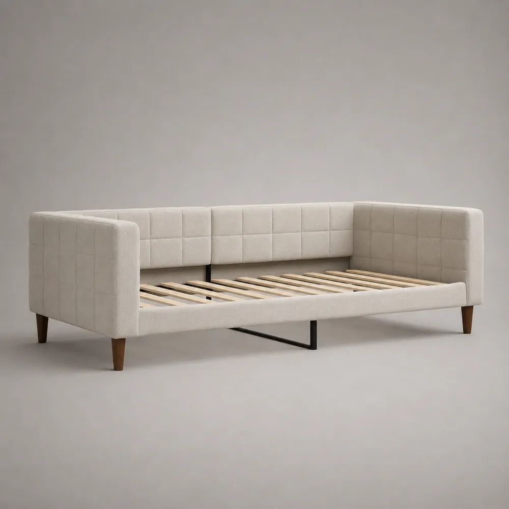 Lit banquette en tissu beige clair avec sommier à lattes, couchage 90 × 200 cm