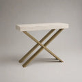 Console rectangulaire en travertin beige clair et acier champagne, 120 × 35 × 80 cm