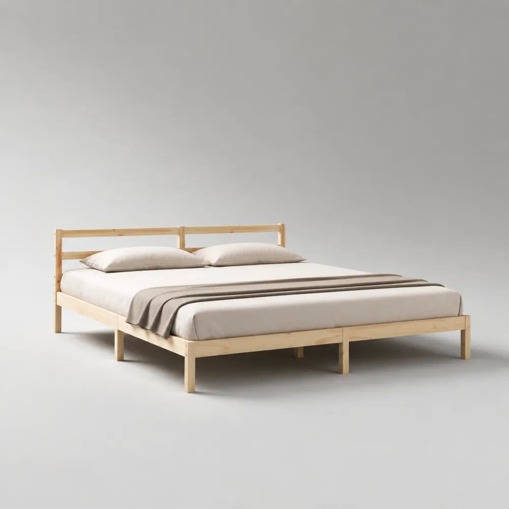 Lit double 160 x 200 cm en bois massif naturel avec sommier à lattes et tête de lit, 208 x 168 x 80 cm