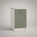Meuble bas de cuisine à 1 porte et 1 tiroir en MDF rainuré vert sauge et blanc, 50 × 60 × 85 cm