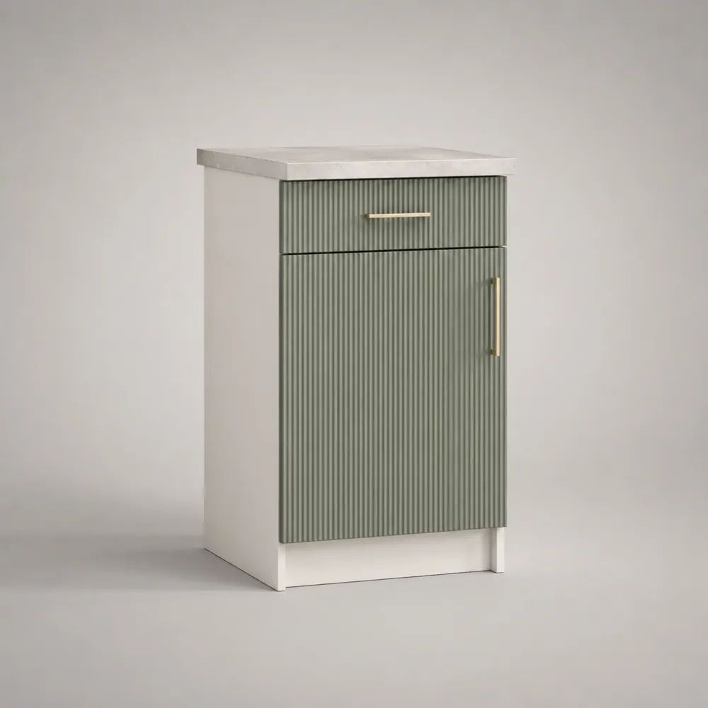 Meuble bas de cuisine à 1 porte et 1 tiroir en MDF rainuré vert sauge et blanc, 50 × 60 × 85 cm