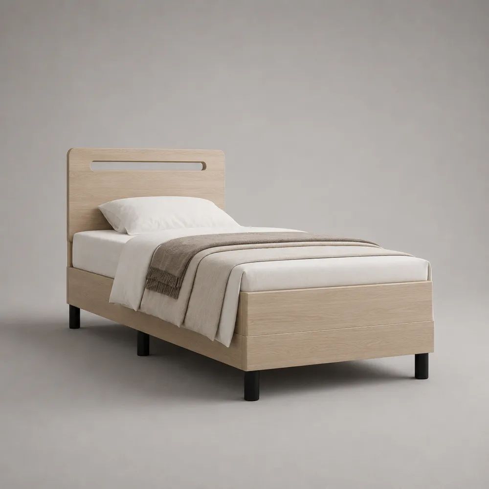 Lit simple avec sommier 90 × 190 cm en panneaux de particules effet chêne clair avec tête de lit et pieds noirs, 198 × 96 × 100 cm