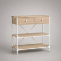 Console d’entrée rectangulaire en bois et métal avec 2 tiroirs et 2 étagères, chêne clair et blanc, 80 × 30 × 90 cm