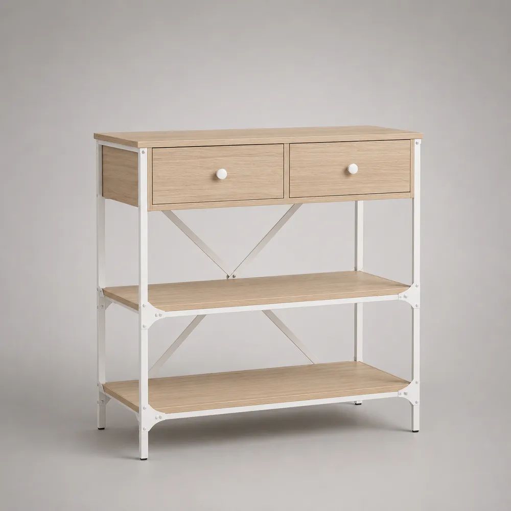 Console d’entrée rectangulaire en bois et métal avec 2 tiroirs et 2 étagères, chêne clair et blanc, 80 × 30 × 90 cm