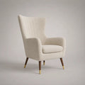 Fauteuil à oreilles 1 place en tissu bouclé ivoire avec pieds en bois marron et doré, 78 × 82 × 102 cm