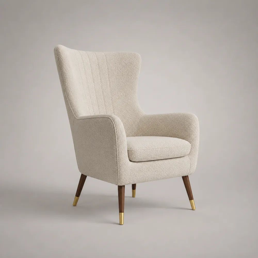 Fauteuil à oreilles 1 place en tissu bouclé ivoire avec pieds en bois marron et doré, 78 × 82 × 102 cm