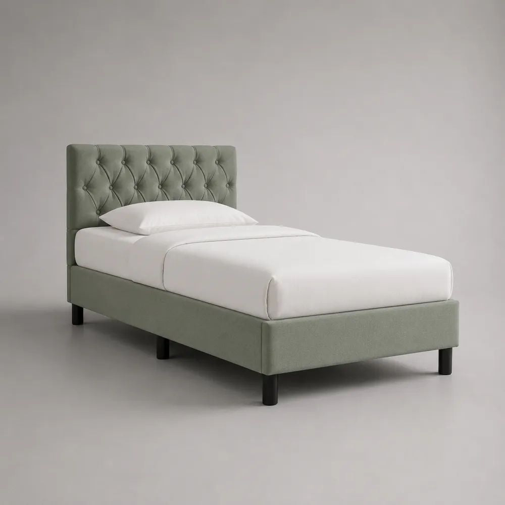 Lit simple capitonné en tissu vert sauge avec sommier à lattes, couchage 90 × 190 cm