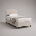 Lit rembourré 1 place beige clair en tissu et bois, couchage 90 x 190 cm, dimensions 202 x 100 x 110 cm