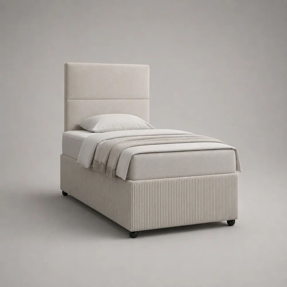 Lit simple rembourré en tissu ivoire 90 x 190 cm avec tête de lit, dimensions totales 100 x 203 x 120 cm