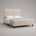 Lit double rembourré beige 160 × 200 cm avec sommier à lattes, tête de lit à panneaux et pied de lit