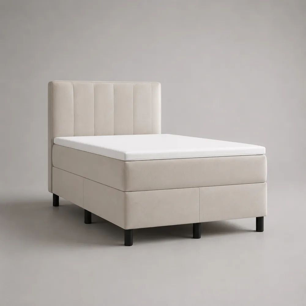 Ensemble lit continental 140 x 200 cm en tissu beige avec matelas, surmatelas et tête de lit rectangulaire