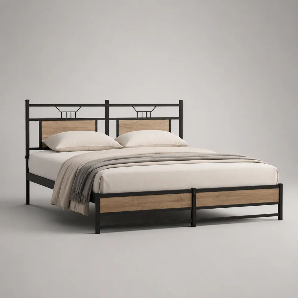 Cadre de lit double 160 × 200 cm en acier noir et bois effet chêne clair