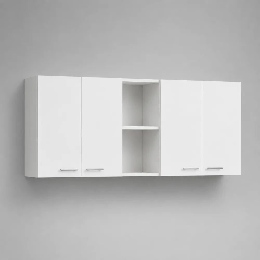 Ensemble de meubles hauts de cuisine en panneaux de particules mélaminés blanc et argenté, 4 portes et 2 niches, 200 x 32 x 60 cm