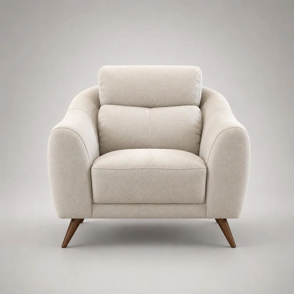Fauteuil 1 place en tissu bouclé crème avec pieds en bois brun noyer, 100 × 90 × 92 cm