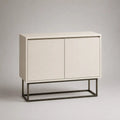 Console d’entrée avec rangement, 2 portes en bois et piètement en acier, blanc et noir, 100 × 35 × 90 cm