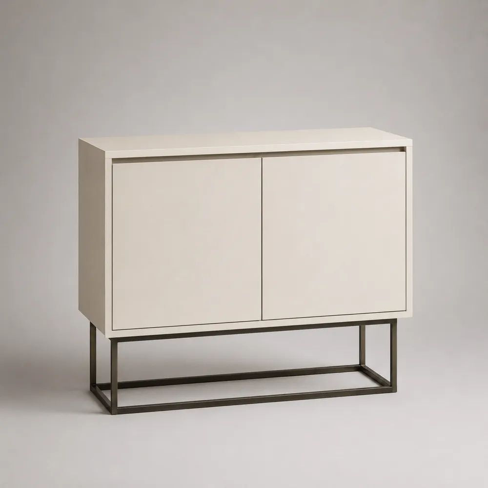 Console d’entrée avec rangement, 2 portes en bois et piètement en acier, blanc et noir, 100 × 35 × 90 cm