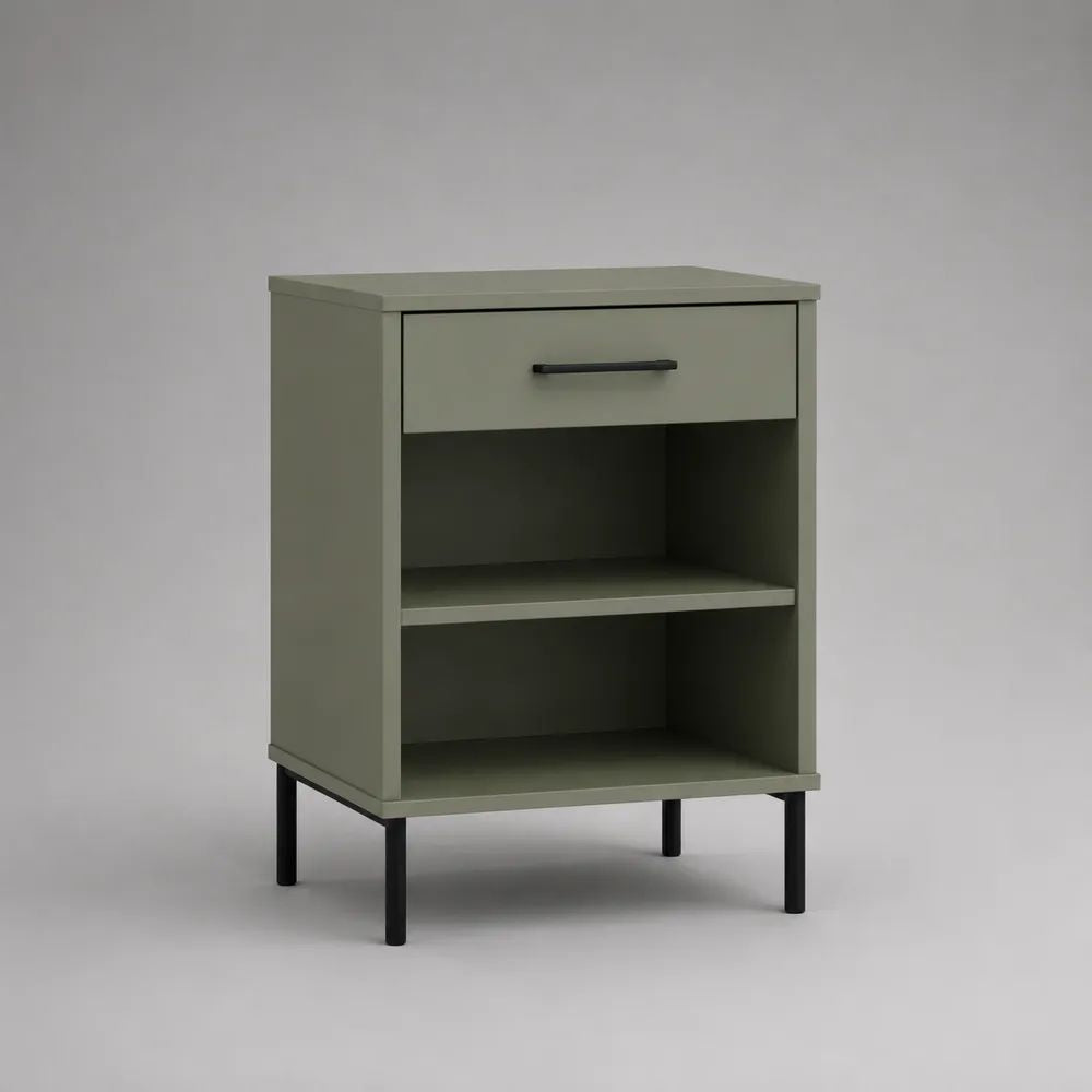 Meuble d’entrée rectangulaire en MDF et acier avec tiroir et 2 niches, vert sauge et noir, 60 × 40 × 80 cm