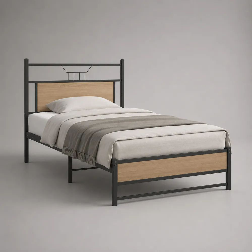 Lit simple 90 × 190 cm en acier et panneaux MDF, noir et chêne clair, 198 × 96 × 110 cm