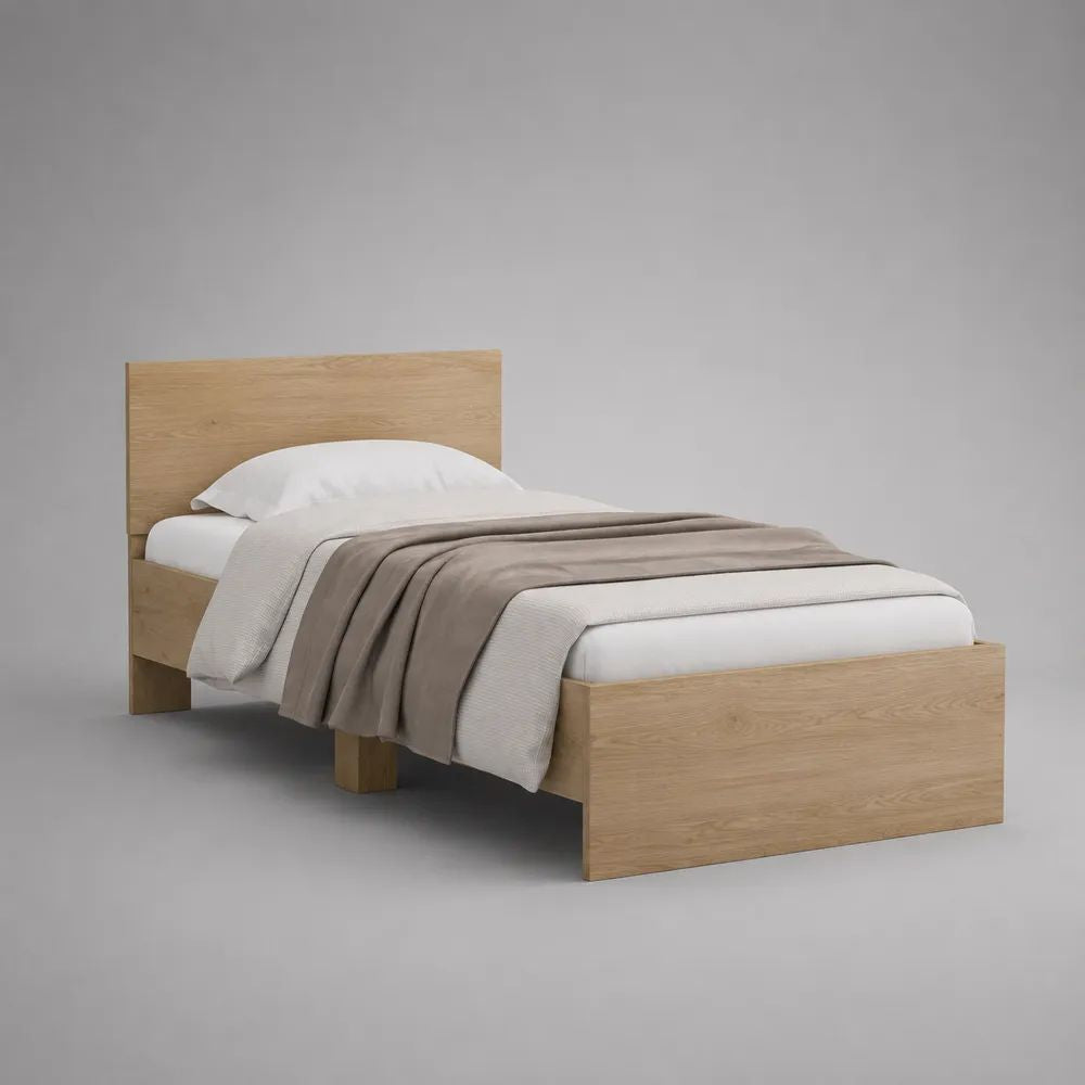 Lit simple rectangulaire en panneaux de particules, décor chêne naturel, couchage 90 × 190 cm, dimensions 198 × 96 × 90 cm