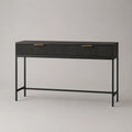 Console rectangulaire noire en bois et métal avec 2 tiroirs, 120 × 35 × 80 cm
