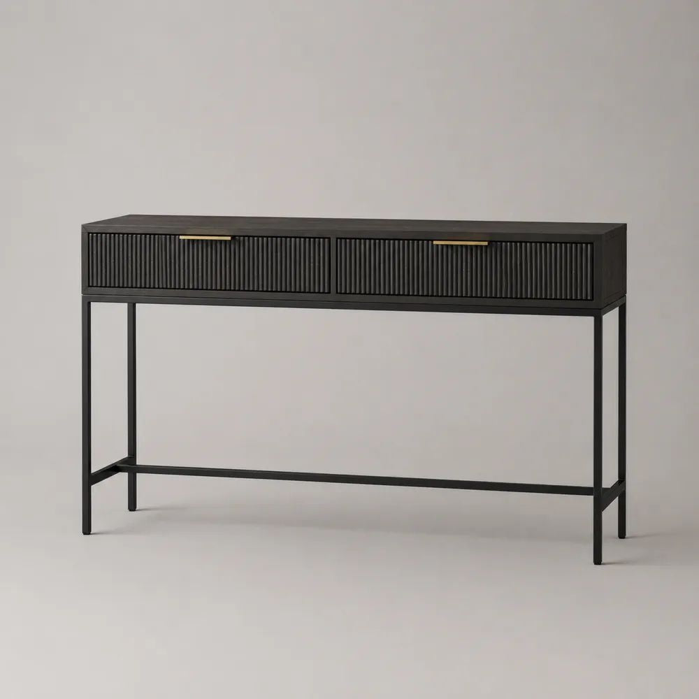 Console rectangulaire noire en bois et métal avec 2 tiroirs, 120 × 35 × 80 cm
