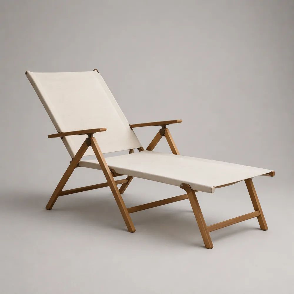 Bain de soleil pliant réglable en bois et toile blanc cassé et marron, 190 × 65 × 92 cm