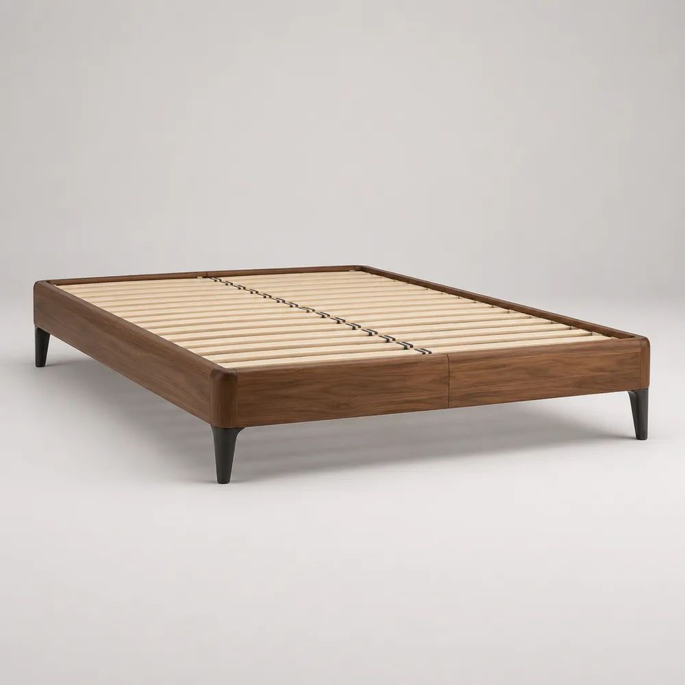 Cadre de lit double 160 x 200 cm en bois marron noyer et métal noir avec sommier à lattes