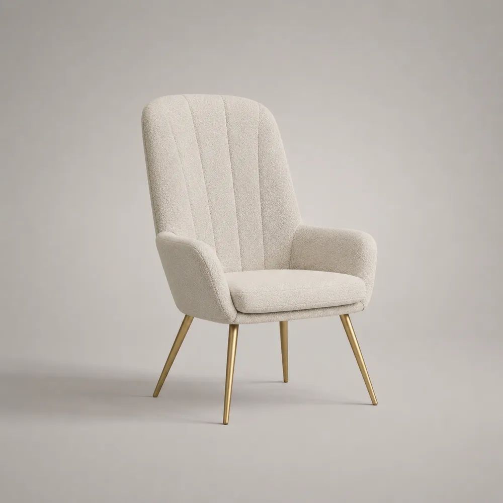 Fauteuil de salon en bouclette polyester crème avec dossier haut arrondi et pieds en acier doré, 72 × 78 × 101 cm
