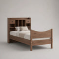 Lit simple 90 x 190 cm avec tête de lit bibliothèque, 2 tiroirs et 5 niches en panneaux mélaminés, marron noyer et noir, 205 x 101 x 150 cm