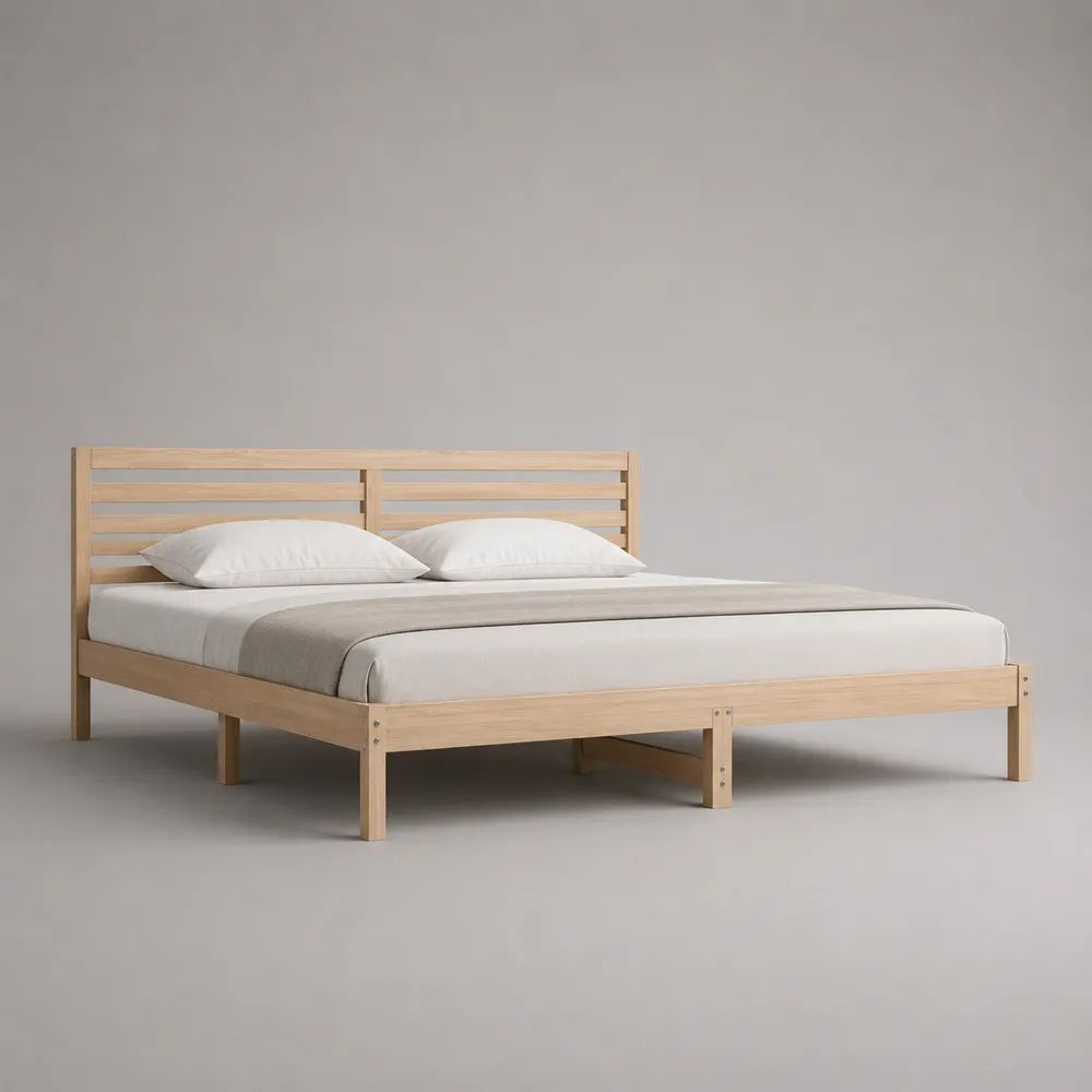Lit double en bois massif naturel 180 × 200 cm avec tête de lit et sommier à lattes