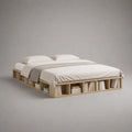 Lit double plateforme avec rangements ouverts en panneaux de particules, chêne naturel, couchage 160 x 200 cm, dimensions 220 x 180 x 40 cm