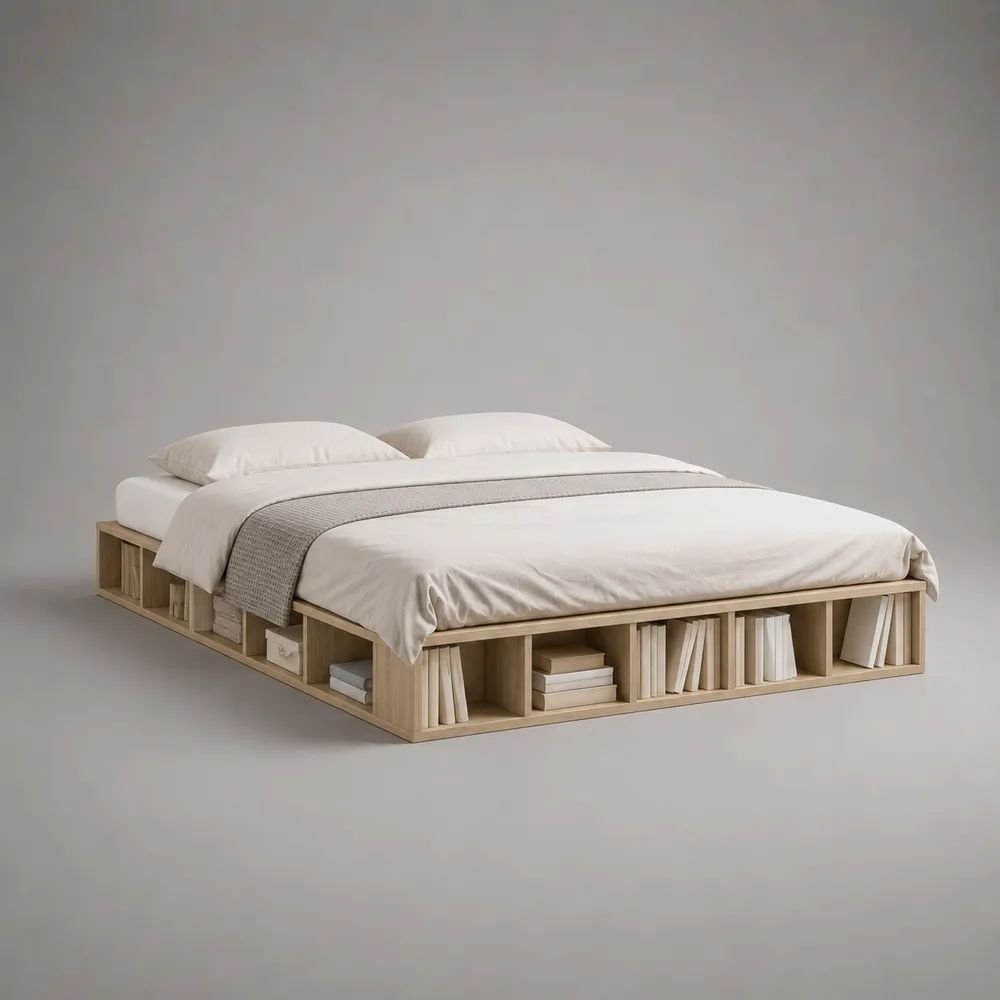 Lit double plateforme avec rangements ouverts en panneaux de particules, chêne naturel, couchage 160 x 200 cm, dimensions 220 x 180 x 40 cm