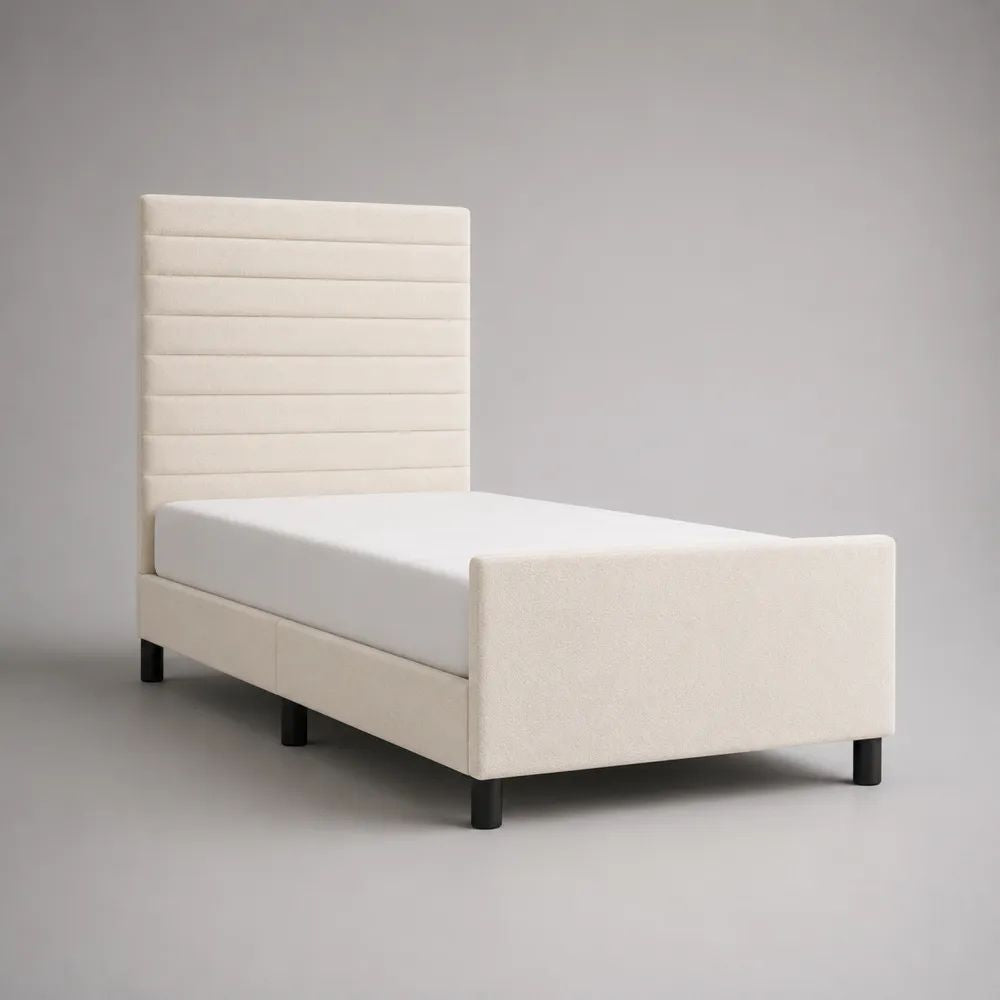 Lit simple rembourré en tissu bouclé ivoire avec tête de lit à panneaux, couchage 90 x 190 cm