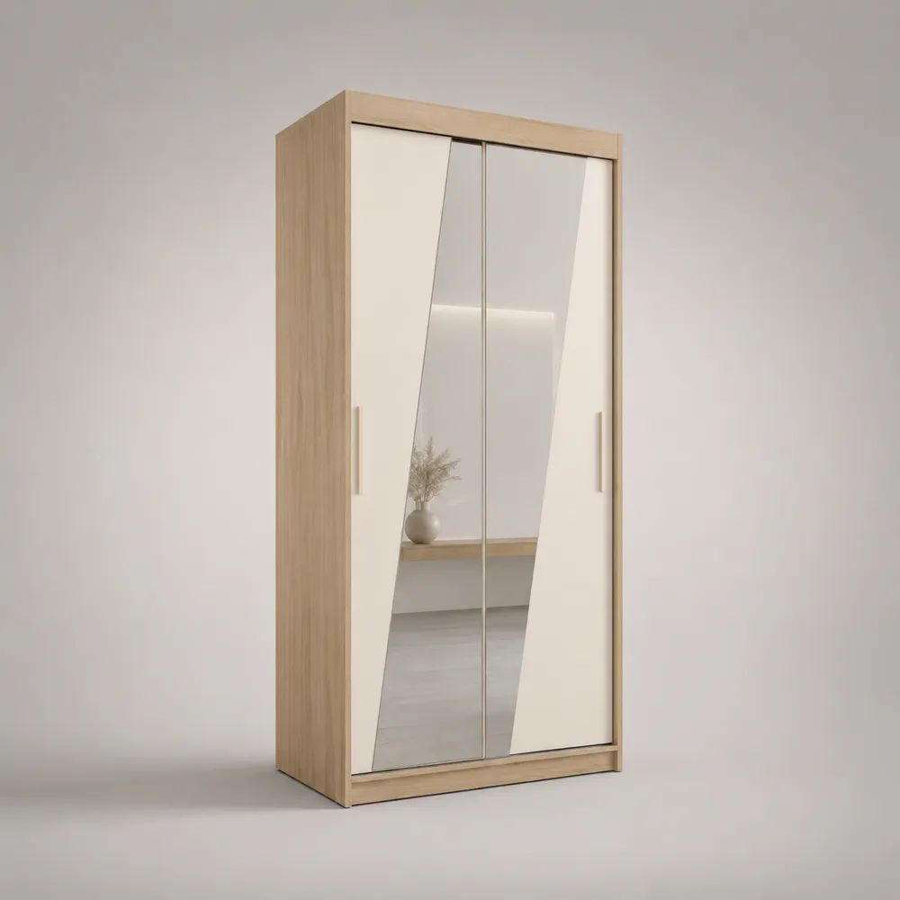 Armoire en panneaux de particules mélaminés à 2 portes coulissantes avec miroir, chêne clair, blanc crème et argenté, 100 × 52 × 200 cm