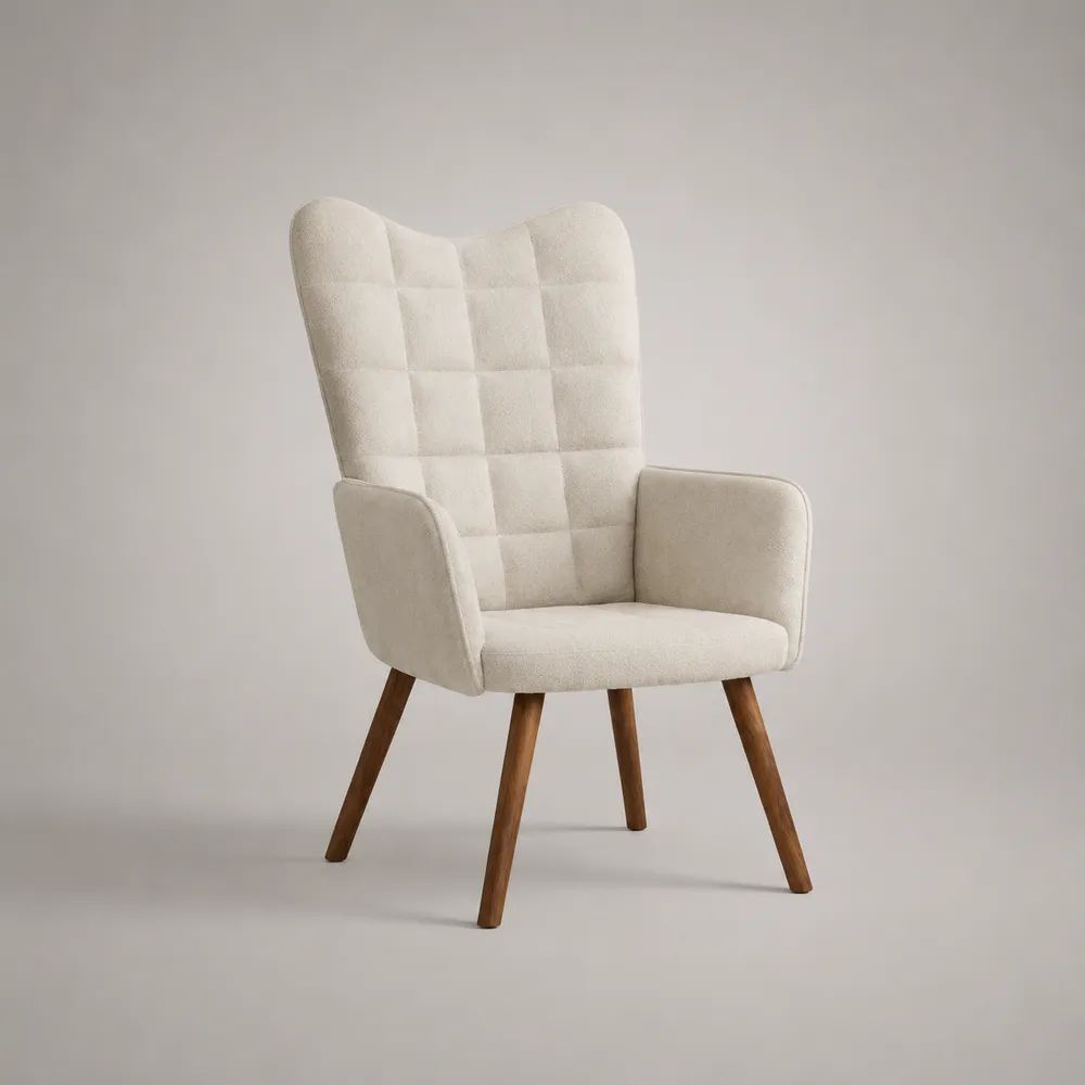 Fauteuil à oreilles en tissu bouclette blanc cassé avec pieds en bois, 76 × 78 × 105 cm