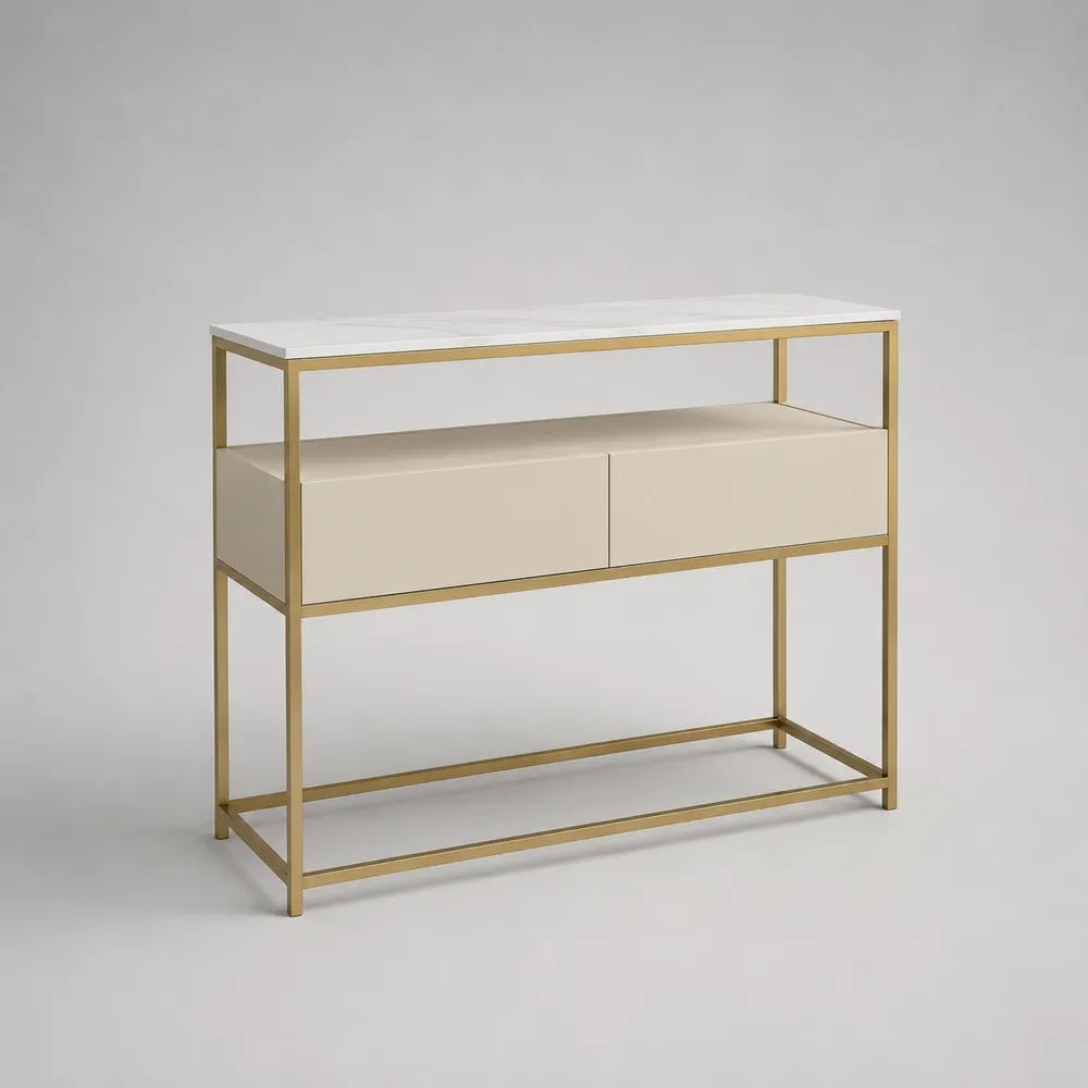 Console avec 2 tiroirs en MDF effet marbre et acier, beige/blanc/doré, 100 × 35 × 85 cm