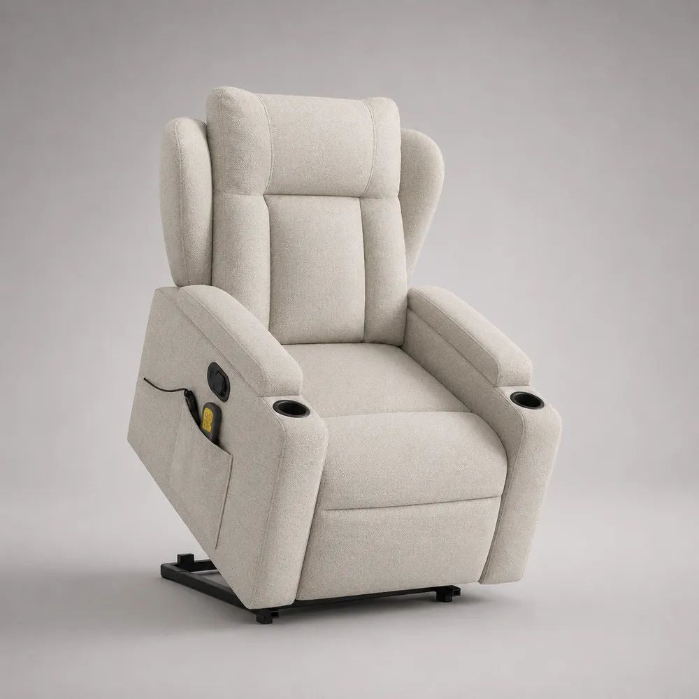 Fauteuil releveur électrique inclinable 1 place en tissu beige avec dossier à oreilles, 91 × 94 × 109 cm