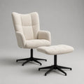 Ensemble fauteuil pivotant et repose-pieds en tissu bouclette écru avec piètements en acier noir – fauteuil 75 × 78 × 101 cm, repose-pieds 58 × 42 × 39 cm