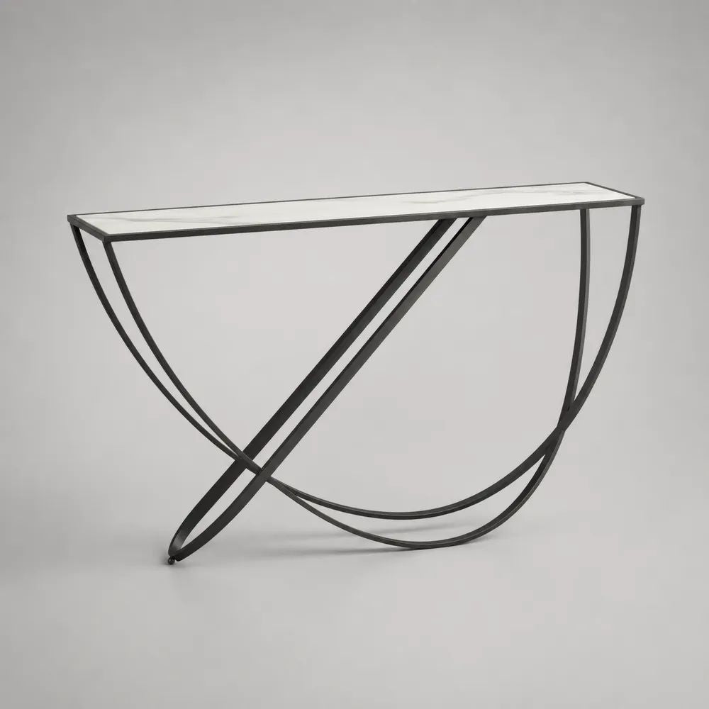 Table console rectangulaire en acier noir et verre effet marbre blanc, 120 x 35 x 80 cm