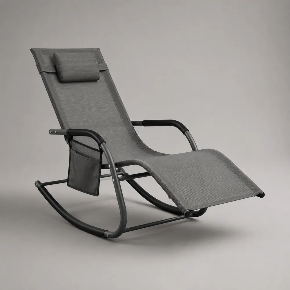 Chaise longue à bascule inclinée en acier et tissu, gris/noir, 165 × 67 × 112 cm
