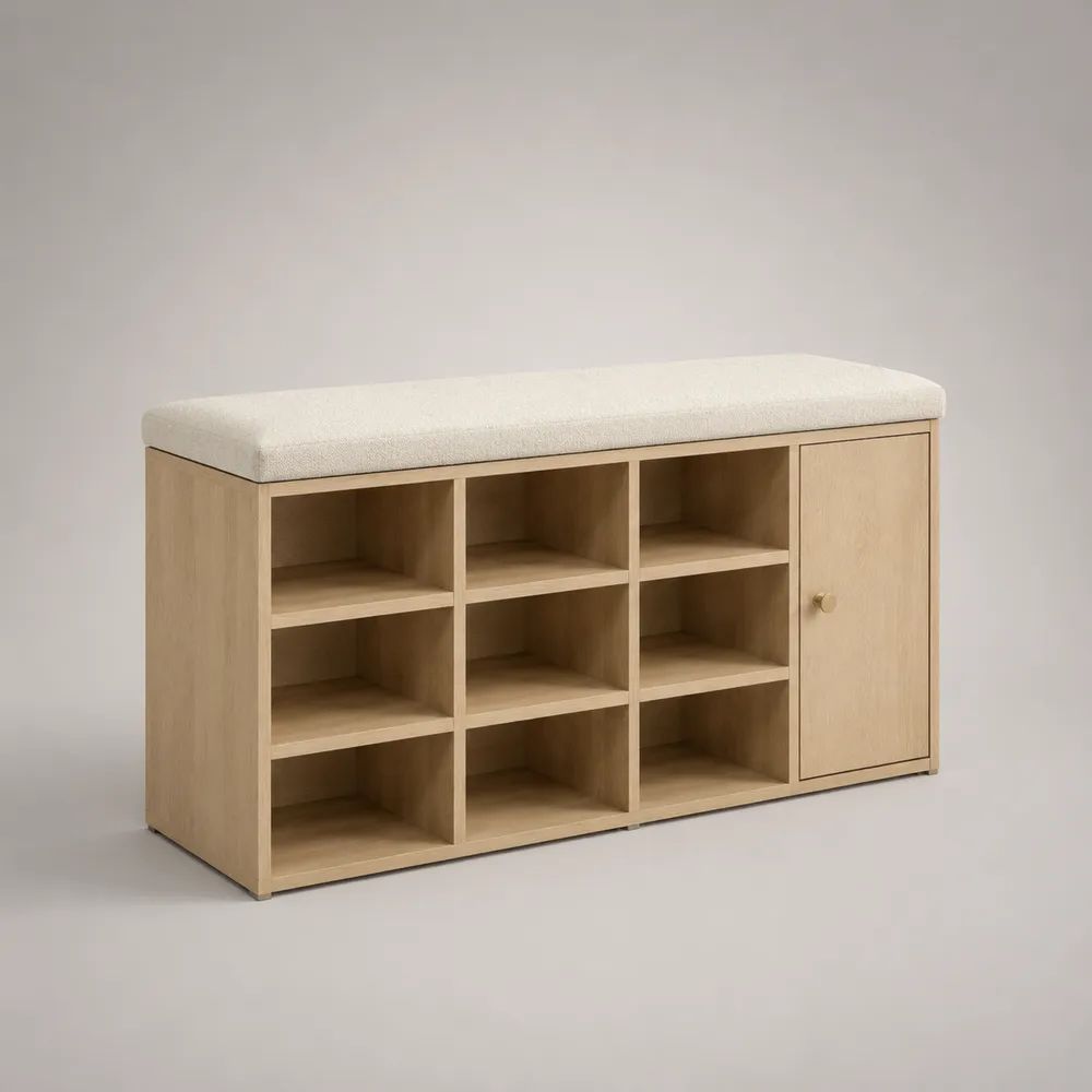 Banc à chaussures en bois avec assise rembourrée, 9 compartiments et placard latéral, chêne clair et blanc cassé, 120 × 35 × 60 cm