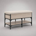 Banc coffre rectangulaire en bois et acier noir avec assise bouclée beige et étagère, chêne clair, 100 × 40 × 65 cm